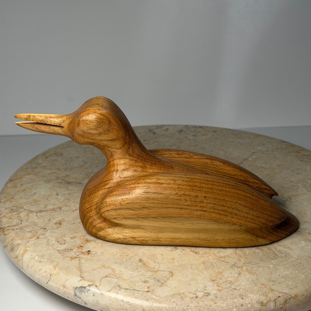 Hand Carved Wood Duck Figurine Small Brown Mid Century Minimalist Signed Loon
